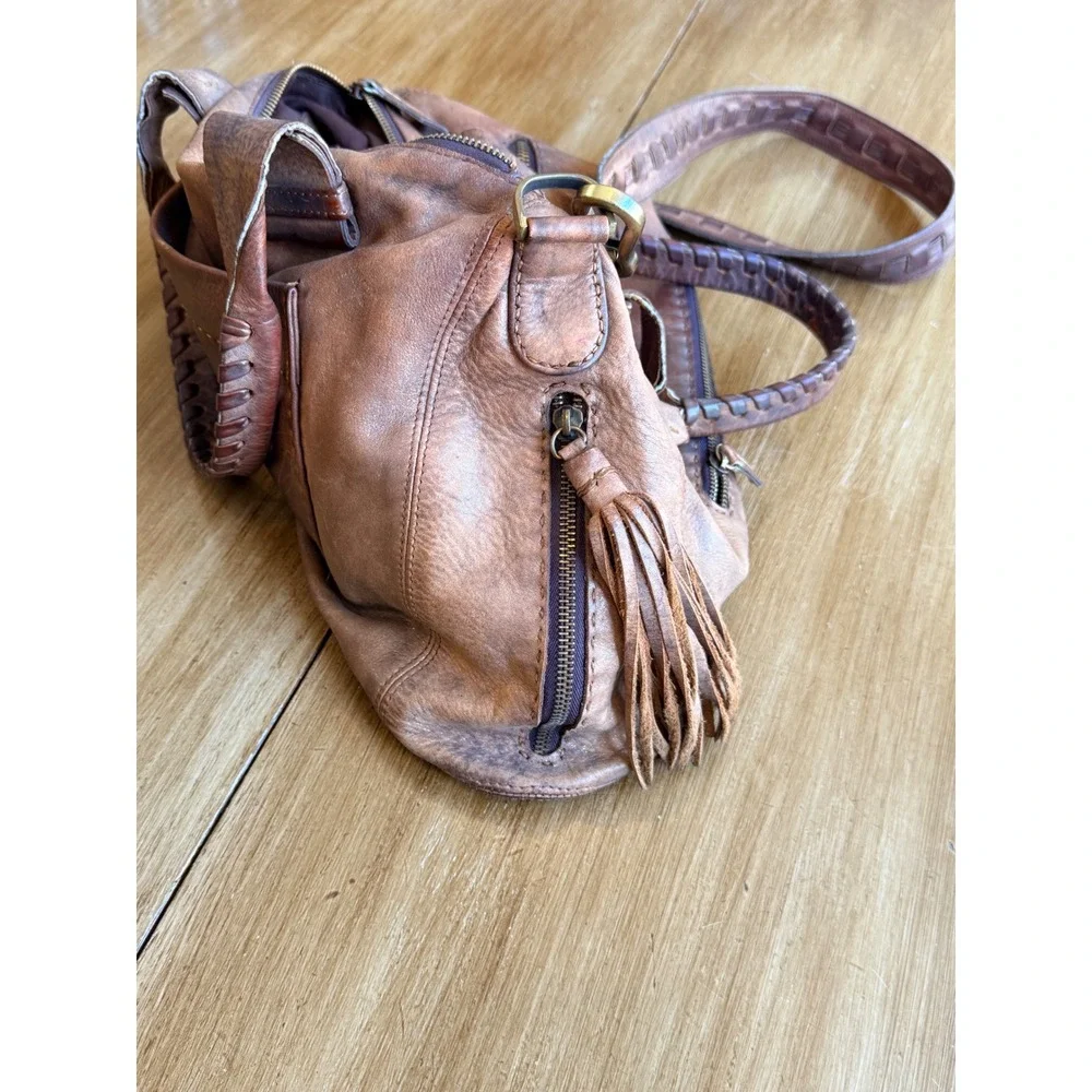 Carla Mancini Brown Leather Satchel Braided Tassel Handcrafted USA Crossbody Bag